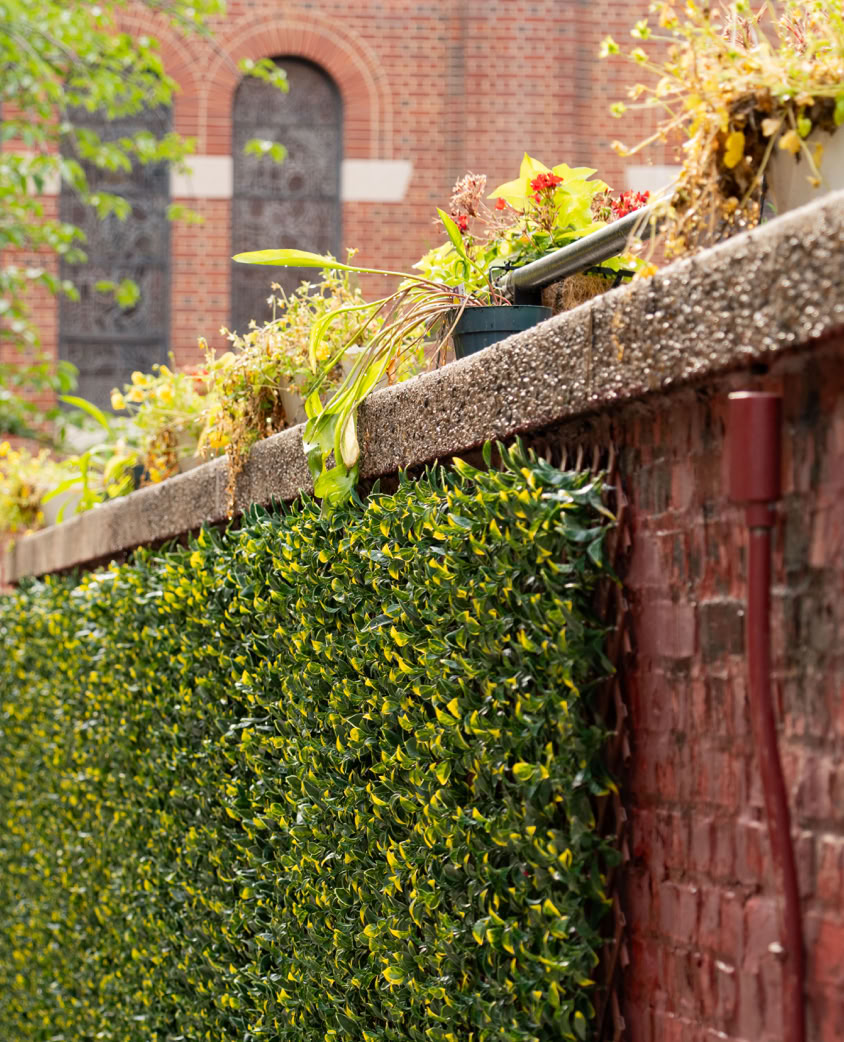 A decorative vertical garden on a red brick wall with flowering plants, urban setting.