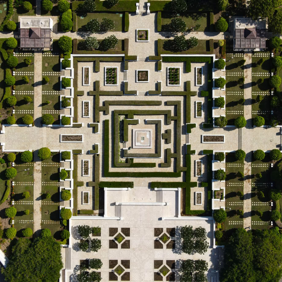 Stunning aerial shot of a geometrically designed symmetrical garden.